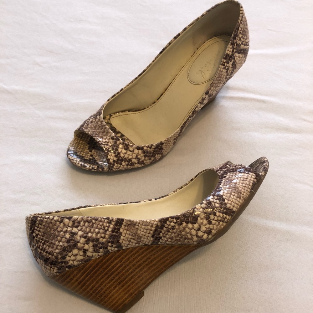 Snakeskin Printed Peep-Toe Wedges—GUC
